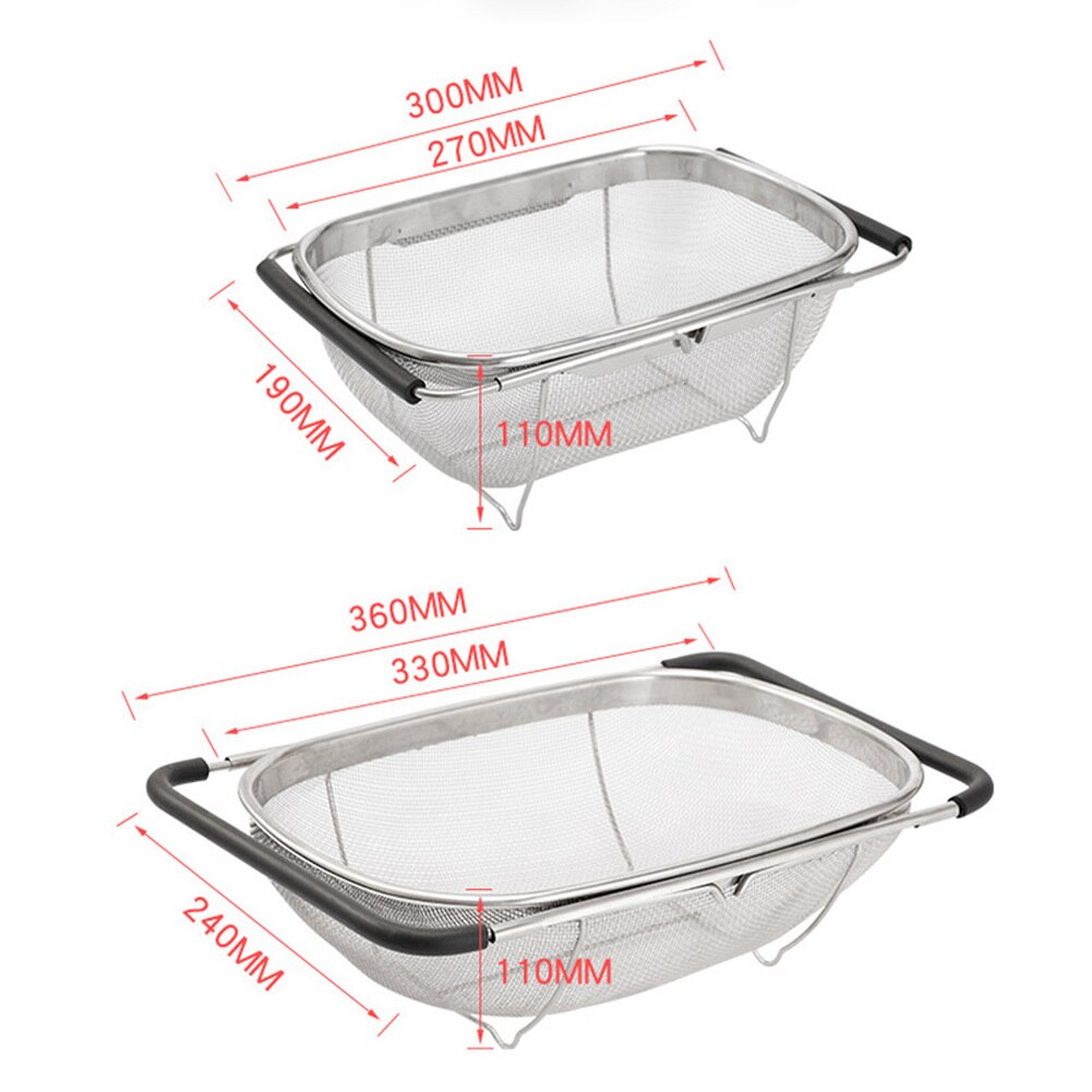 Retractable Drain Basket Rubber Grip Handle Stainless Steel Oval Colander Sink Vegetable Draining Rack Drain Wash Sink Strainer