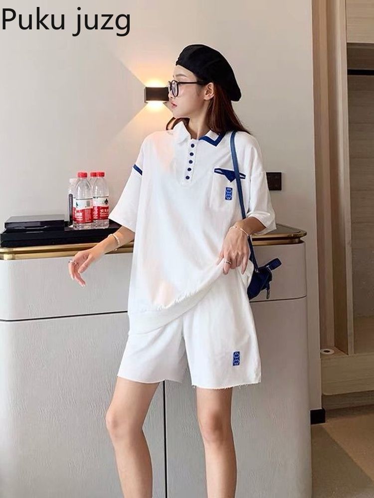 Puku Juzg 2022 Summer Korean Version Women&#39;s Loose and Thin Short-sleeved Shorts Sportswear Suit Casual Polo Shirt Suit