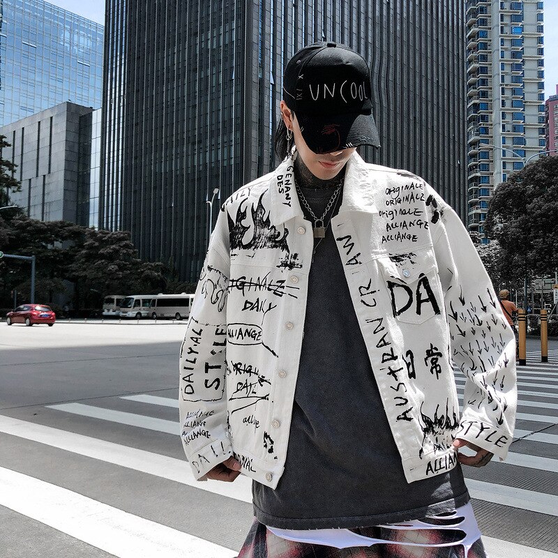Ropa informal estilo Hip Hop para hombre, chaqueta vaquera con estampado de grafiti, Pantalones vaqueros de gran tamaño, Chaqueta de algodón informal blanca, R2155