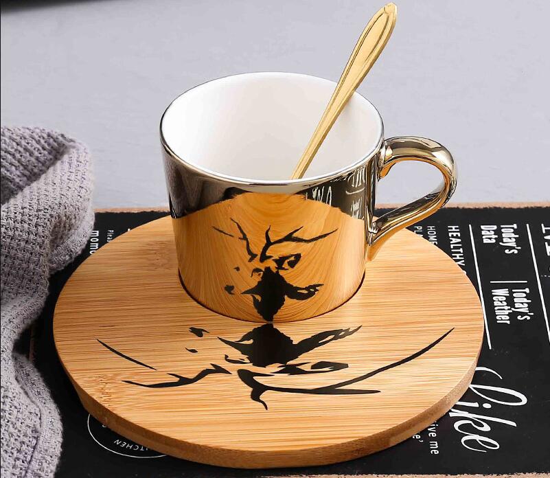 Plating Mirror Reflection Ceramic Coffee Mugs With Wood Dish Tea Cups Drinkware Send Box: 2