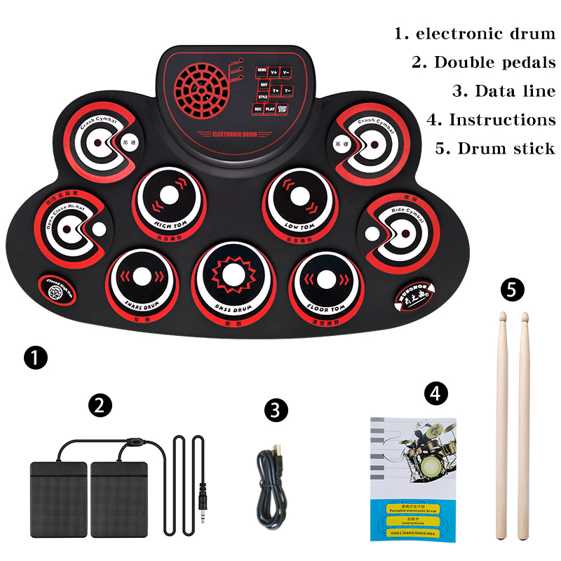 Portable Roll UP Electronic MIDI Drum Set Kits 9 Pads Built-in Speakers Practice