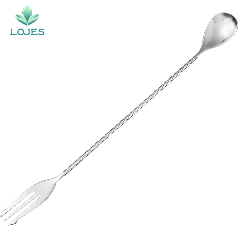 400mm Cocktail Bar Spoon 304 Stainless Steel Bar Spoon With Fork Twisted Mixing Stir Spoon Bar Tool
