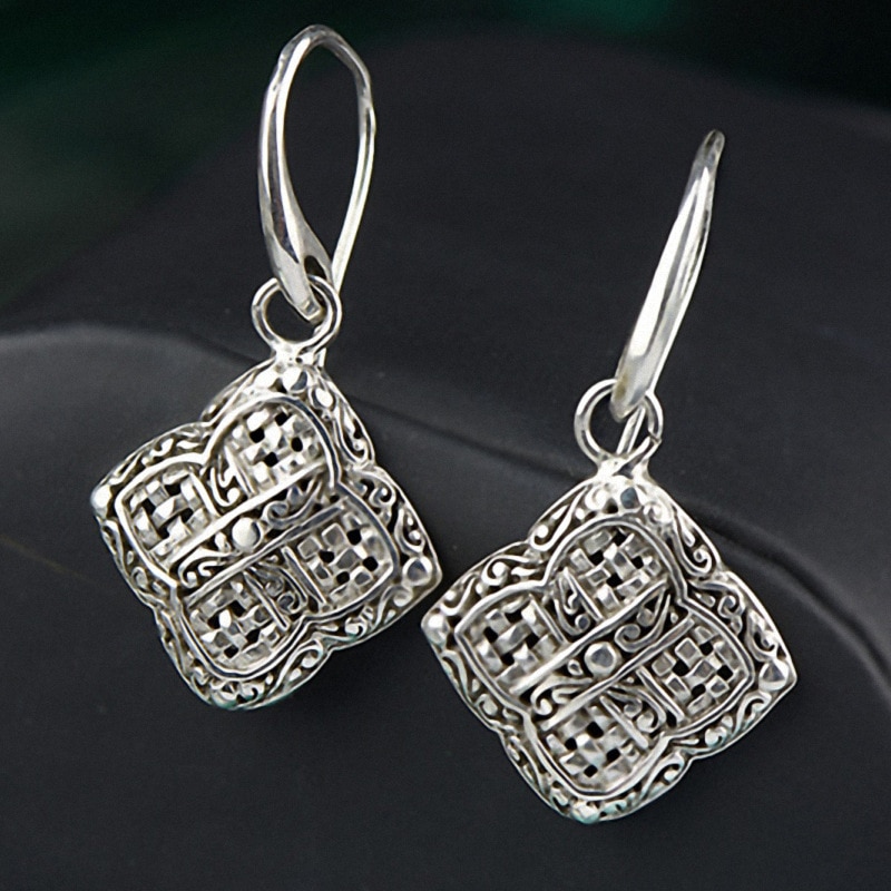 Zilver 925 Earing Gevlochten Vierkante Vorm Vintage Punk Oorbellen Voor Vrouwen Trendy Sieraden Zilveren Oorbellen