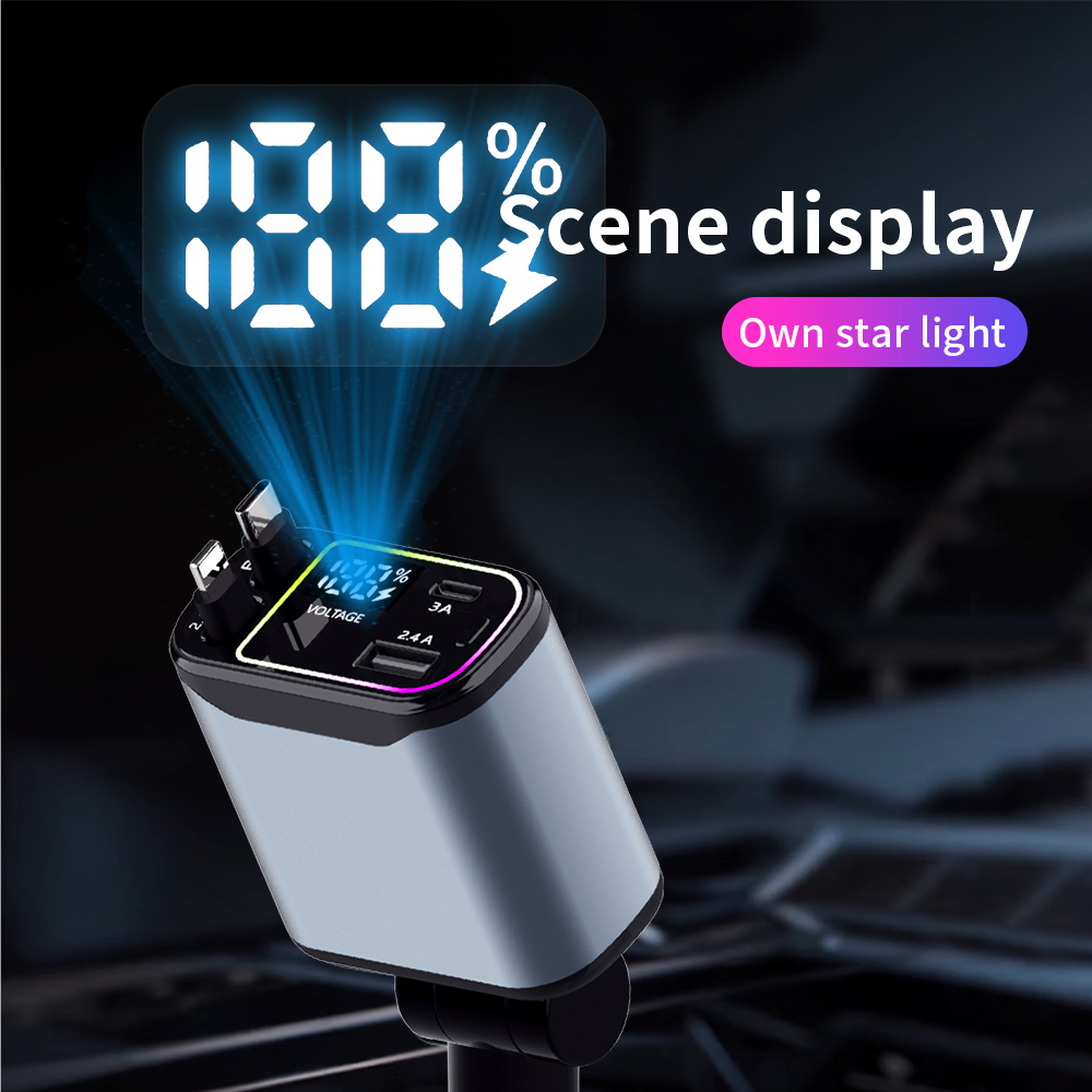 Intrekbare autolader, 4-in-1 snellaadautolader 66 W, intrekbare kabel en 2 USB-poorten, autoladeradapter compatibel