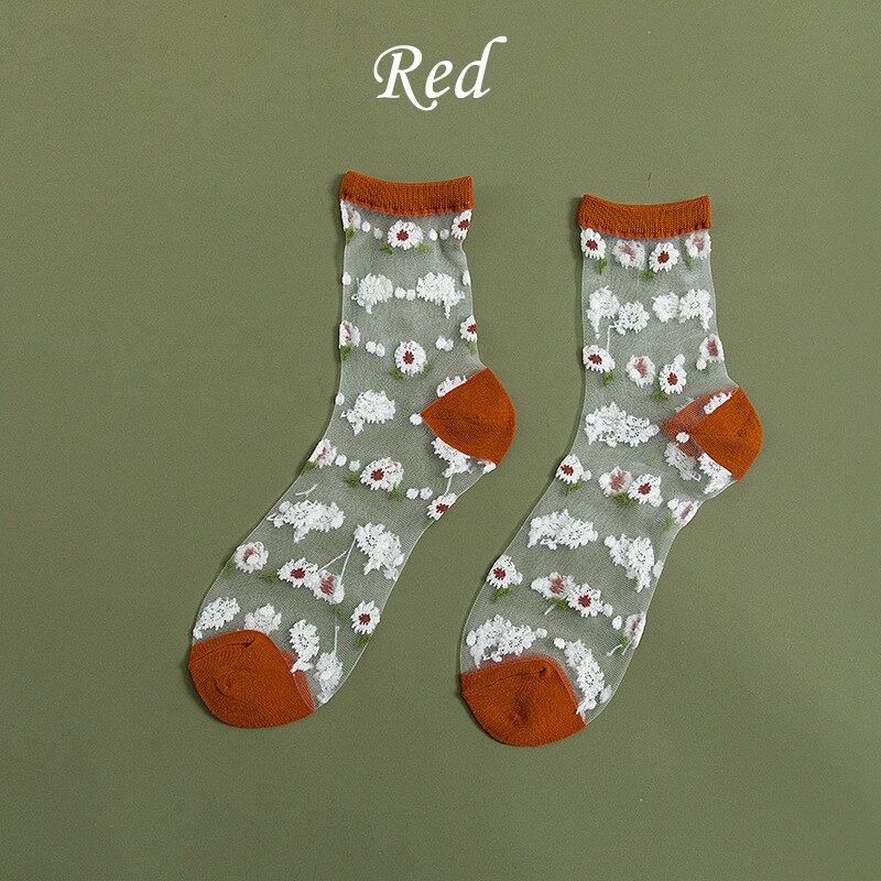 7 Colors Daisy Cartoon Sock Women Summer Sweet Polyester Breathable Cute Cartoon Street Snap Socking One Size: Red