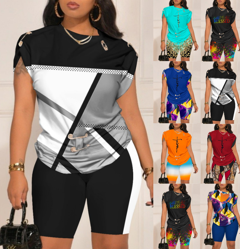 Dames tops, t-shirts en shorts, casual 2- zomercombinatie met t-shirt en short met print, maten s-xxxl