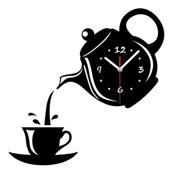 Teapot Kettle Wall Clock 3D Acrylic Coffee Tea Cup Wall Clocks for Office Home Kitchen Dining Living Room Decorations: Black