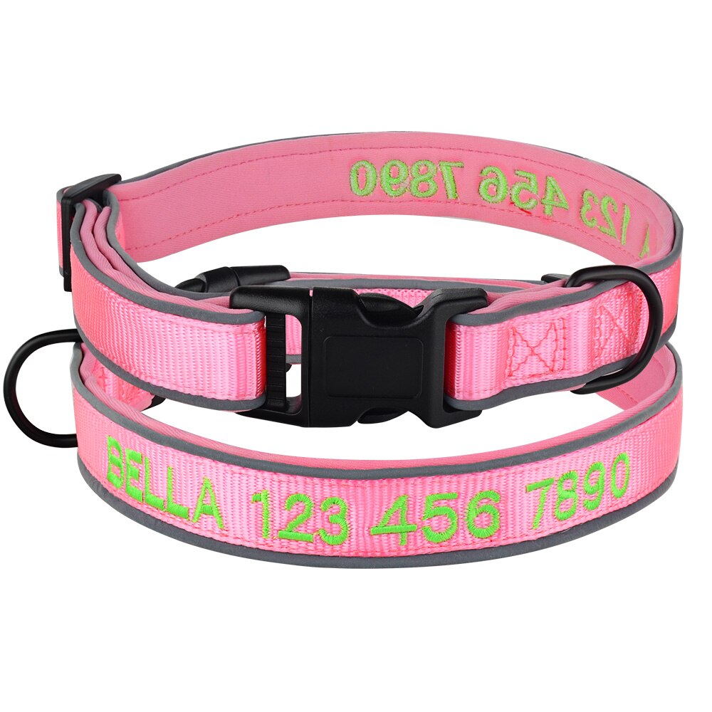 Broderet hundehalsbånd persoanzlied navn nummer reflekterende små store kæledyr sl: Lyserød / Xs  (8-12 tommer)
