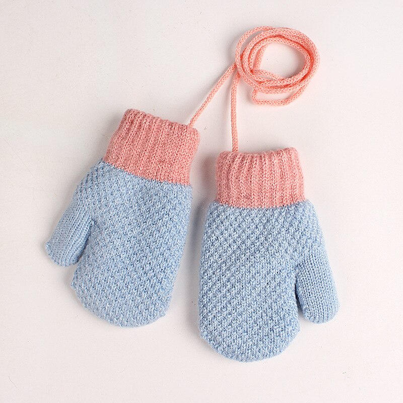 Winter Warm Kinderen Handschoenen Volledige Vinger 2-6 Jaar Oud Pluche En Dikker Zachte Gebreide Wanten Leuke Patchwork snoep Kleur: Sky Blue