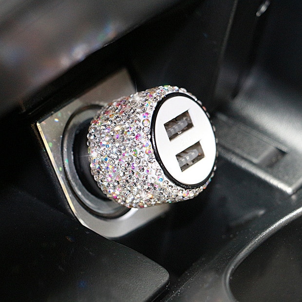 Cargador USB Dual para coche, accesorio para teléfono móvil, tableta, GPS, Cable de diamante de cristal, encendedor de cigarrillos, con Cable USB para teléfono