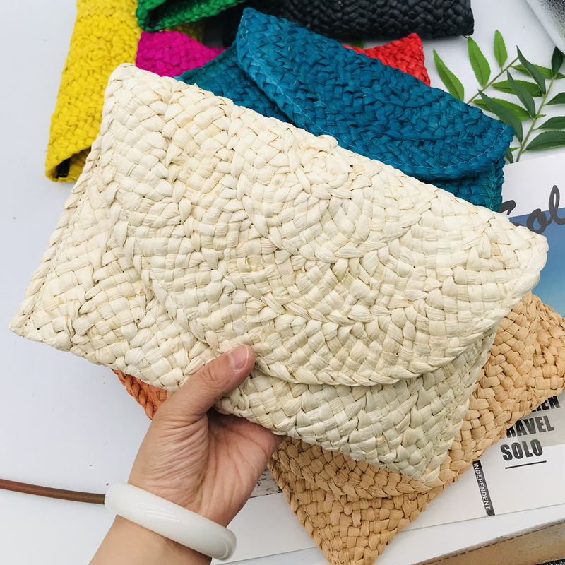 Corn Husk Weave Dinner Clutch Bag Women's Simple Solid Straw Large Purse Woman Summer Casual Vacation Ladies Wallet: black