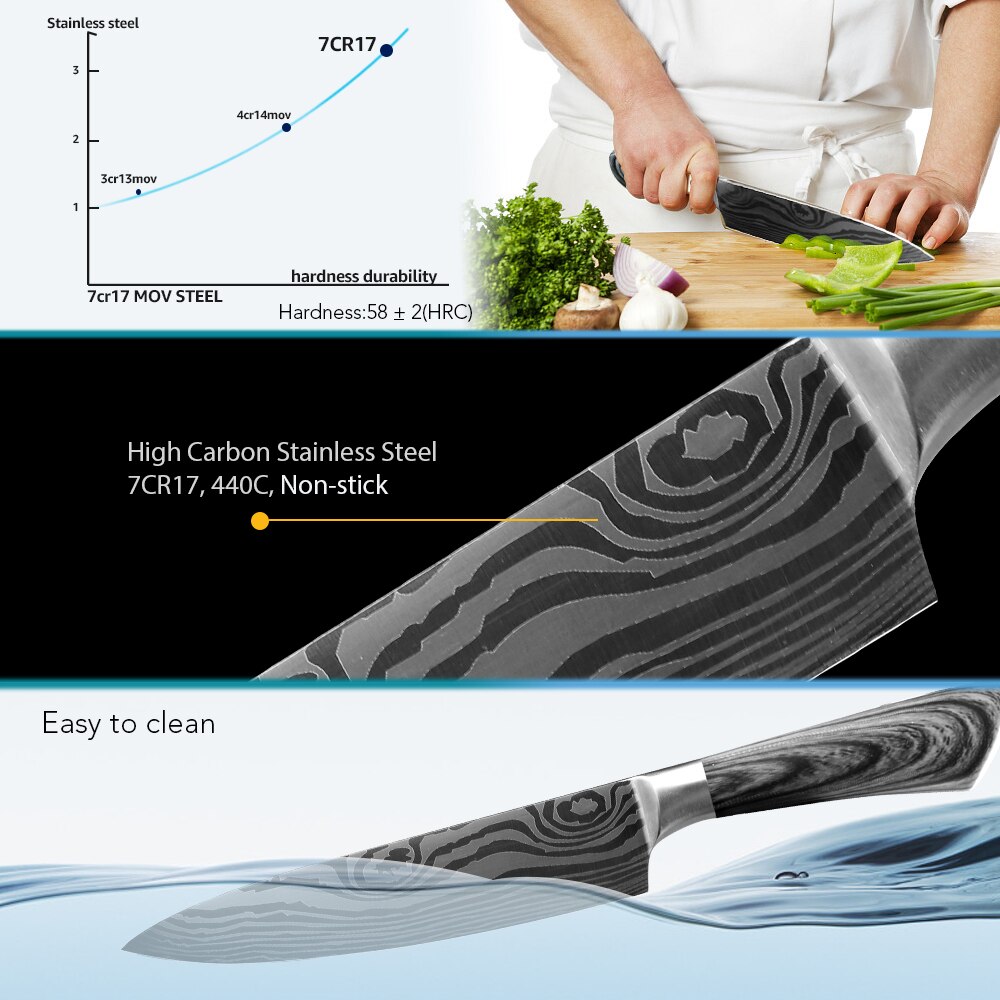 Køkkenkniv 5 7 8 tommer kokkeknive efterlignet damaskus mønster værktøj spaltemaskine kød santoku rustfrit stål vegetabilsk skarpt værktøj
