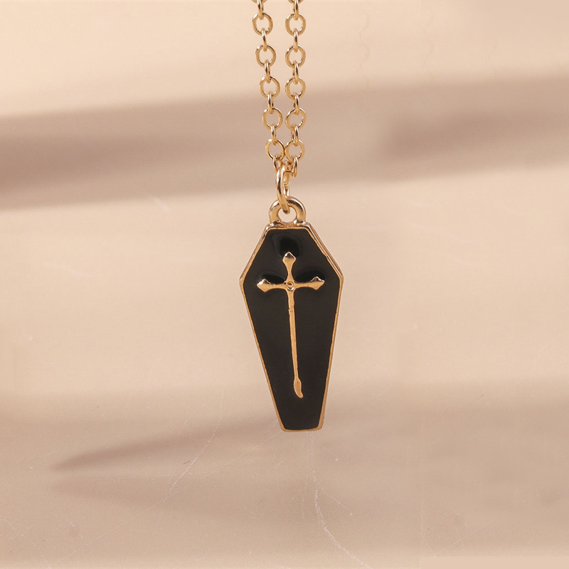 Aihua Cute Enamel Halloween Vampire Cross Coffin Friendship Couple Necklaces For Women Men BFF Best Friend Necklaces Jewelry: Black Zinc Plated