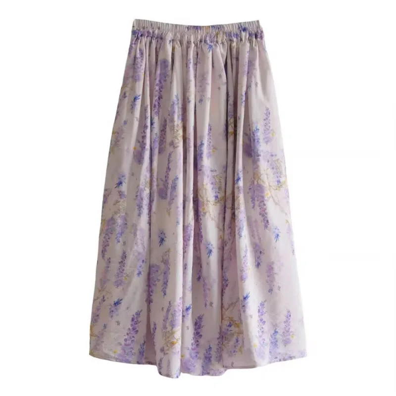 Spring Summer Light Purple Wisteria Half Skirt Women's Midi Floral A- Line Skirt Fresh Cotton Linen Plant Floral Pattern