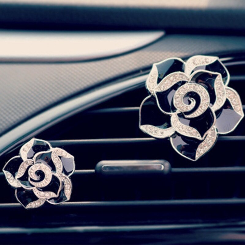 Udsøgt metalfarve blomster auto tilbehør styling smuk camellia bil parfume luftfriskende middel til klimaanlæg: Sort