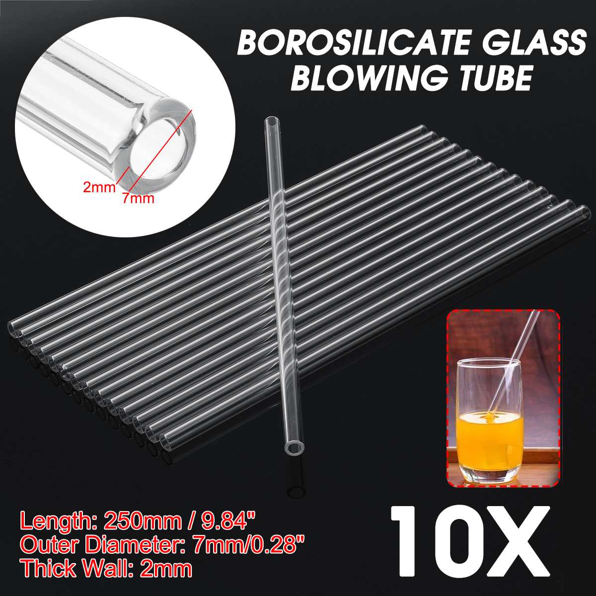 KICUTE 10pcs Laboratory 250x7x2mm Test Tube Transparent School Tool Glass Buret Mixer Glass Stirring Rod Lab Stiring Stirrer