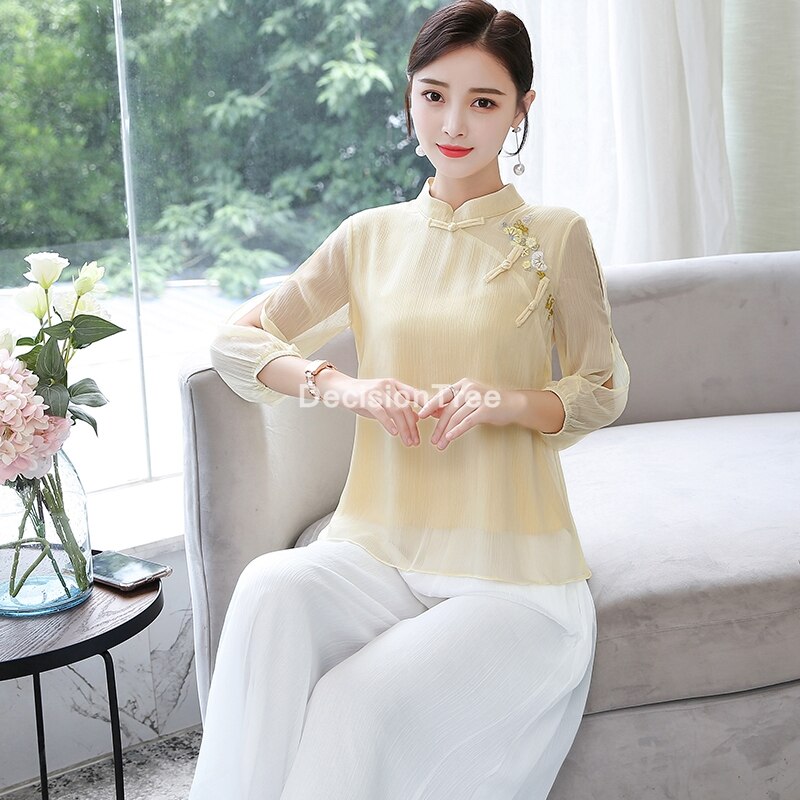 2022 chinese clothing women qipao blouse shirts tangzhuang ancient cheongsam chiffon tops oriental hanfu cheongsam blouse: XL