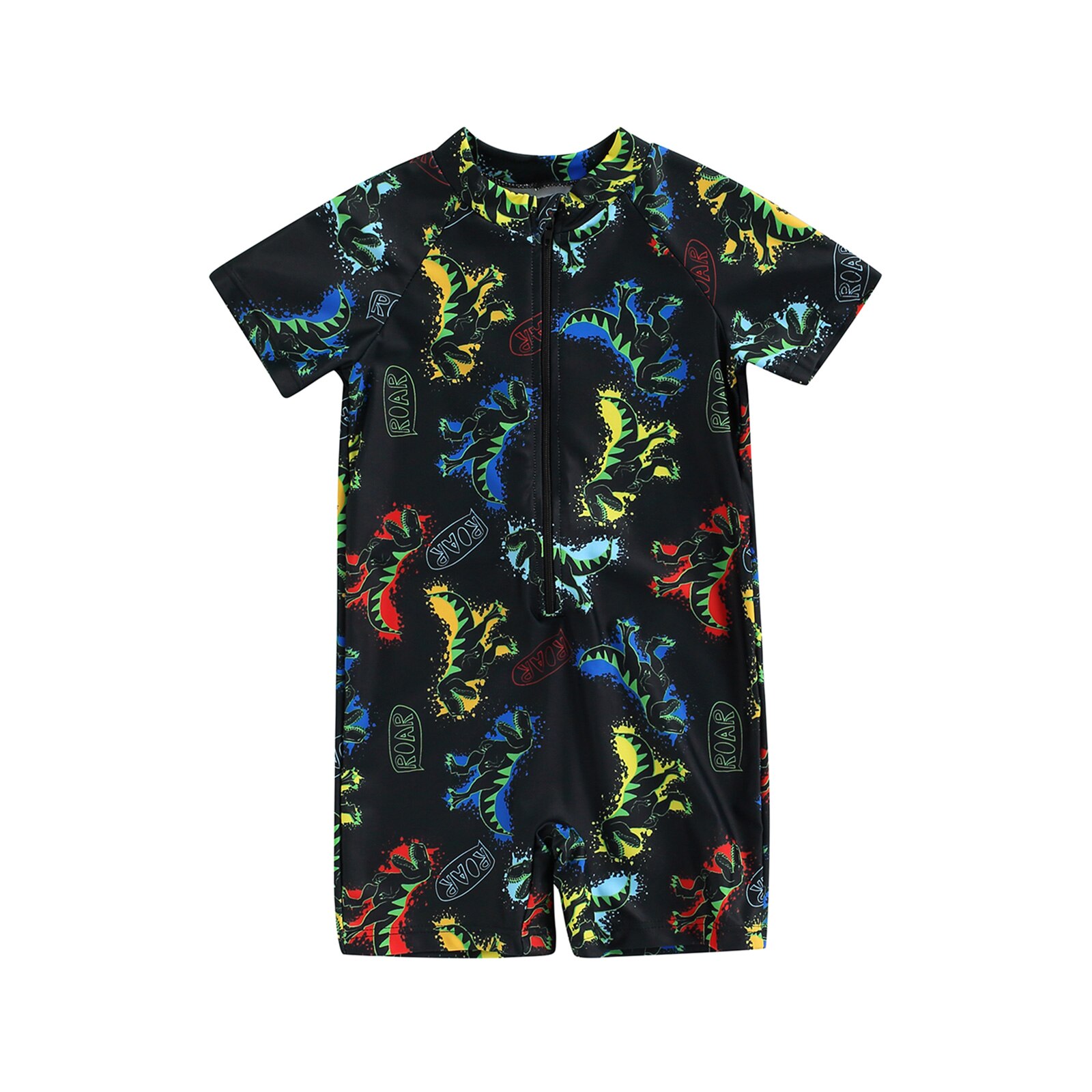 2022 6M-5T Jongens Zwemmen Jumpsuit Korte Mouw Stand Kraag Rits Cartoon Dinosaurus Print Shorts Zomer strand Badmode: Black / 1-2 Years