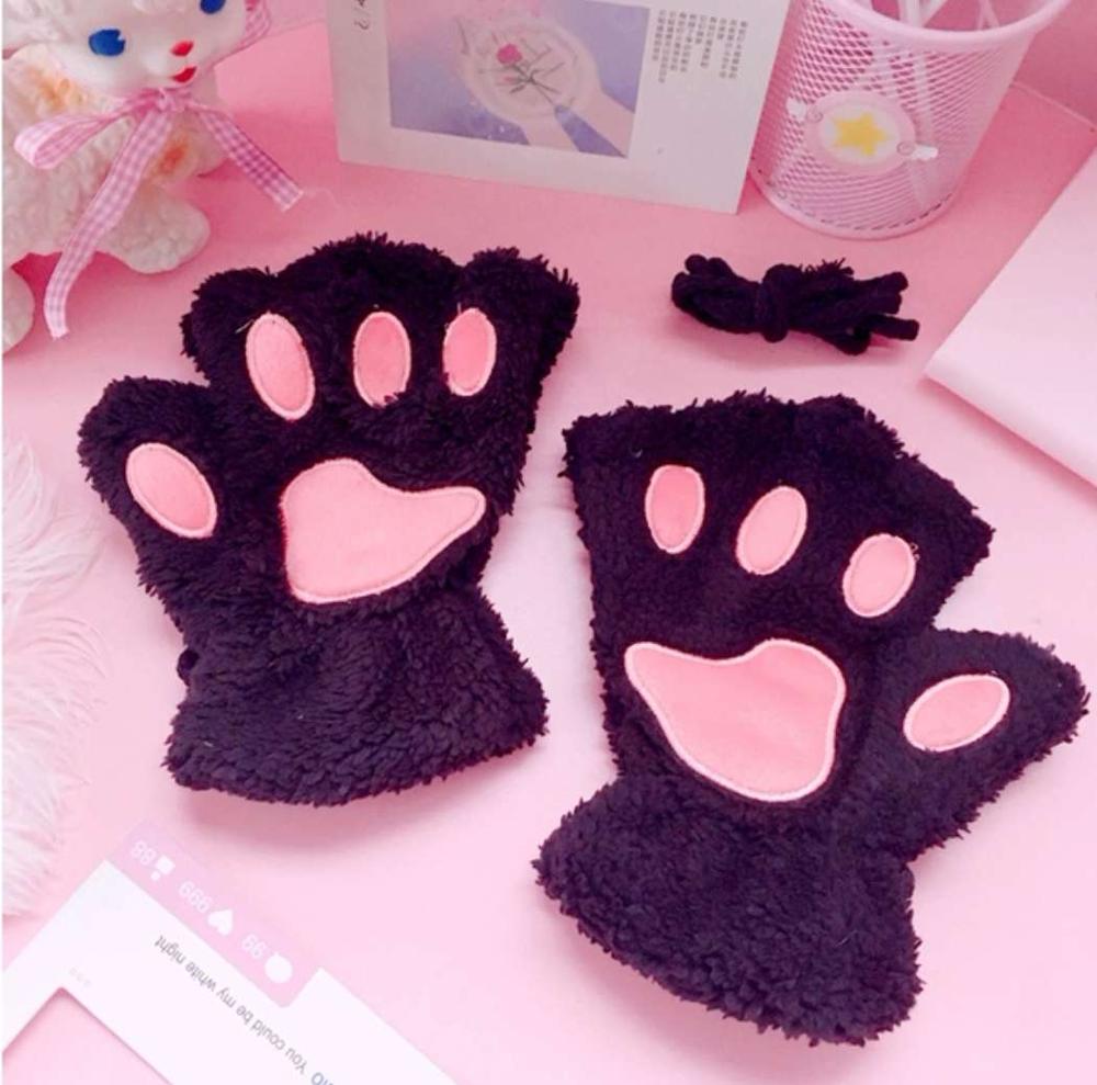 Kat Klauw Handschoenen Leuke Cartoon Kat Meisje Vingerloze Handschoenen Verdikte Pluizige Beer Poot Half Vinger Handschoenen: Black