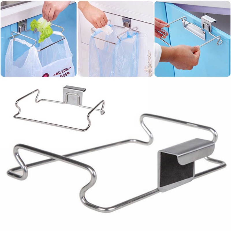 Colgador de cocina con gancho para puerta, estante de basura colgante de Metal, almacenamiento de bolsas de basura, estante de acero inoxidable para armario