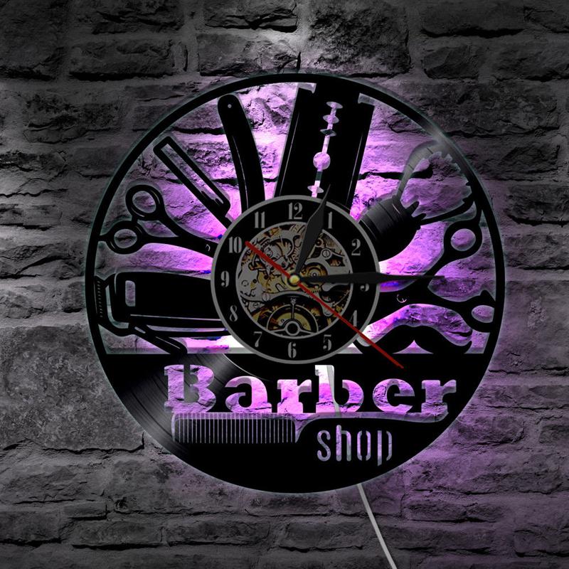 Reloj de pared con disco de vinilo para peluquería, dispositivo LED 3D de moderno para decoración del hogar, barbería y salón de belleza: A-With LED Light