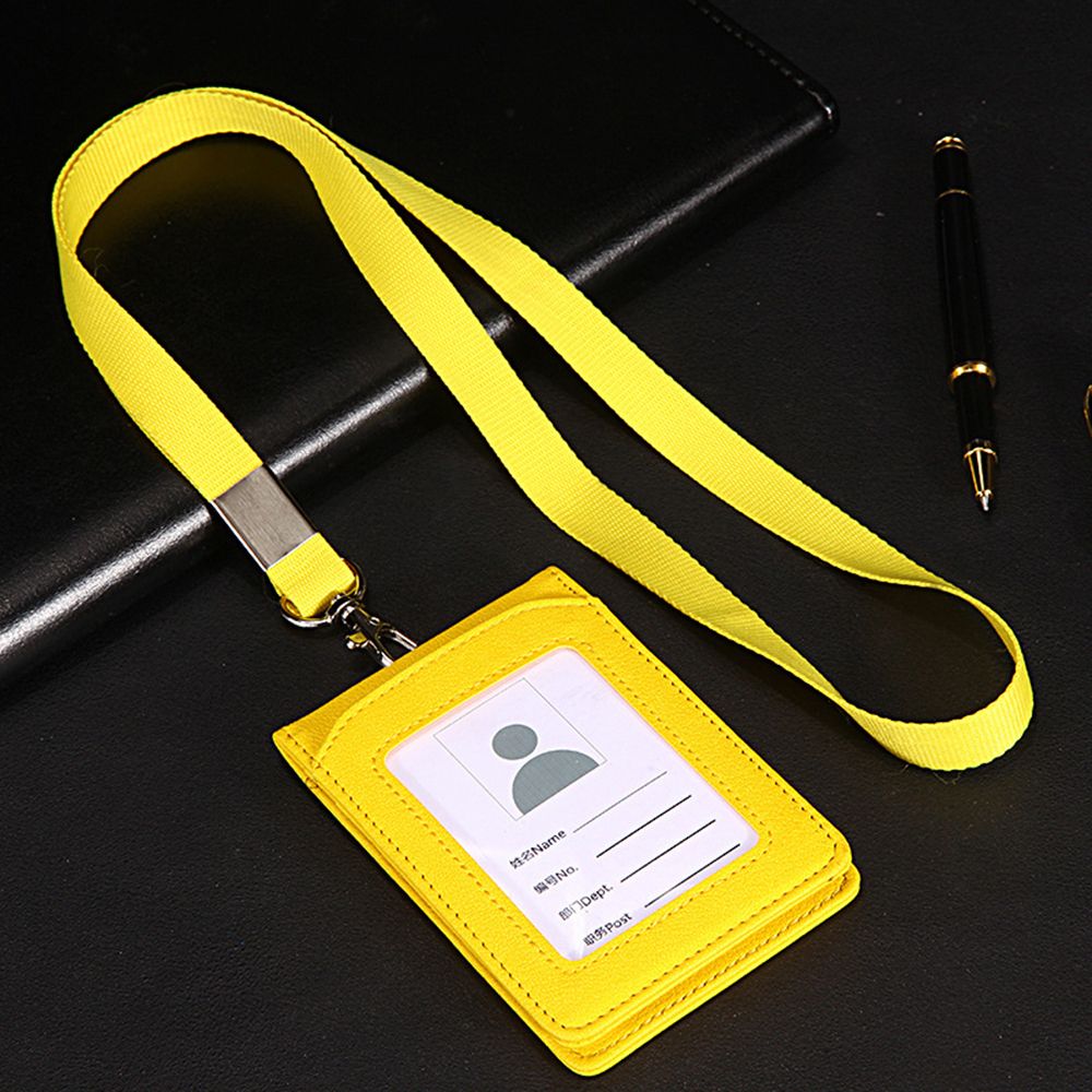 Leather Wallet Work Office Retractable Lanyard with Silica Gel Material ID Card Credit Card Badge Holder + Lanyard + 5 Slots: yellow