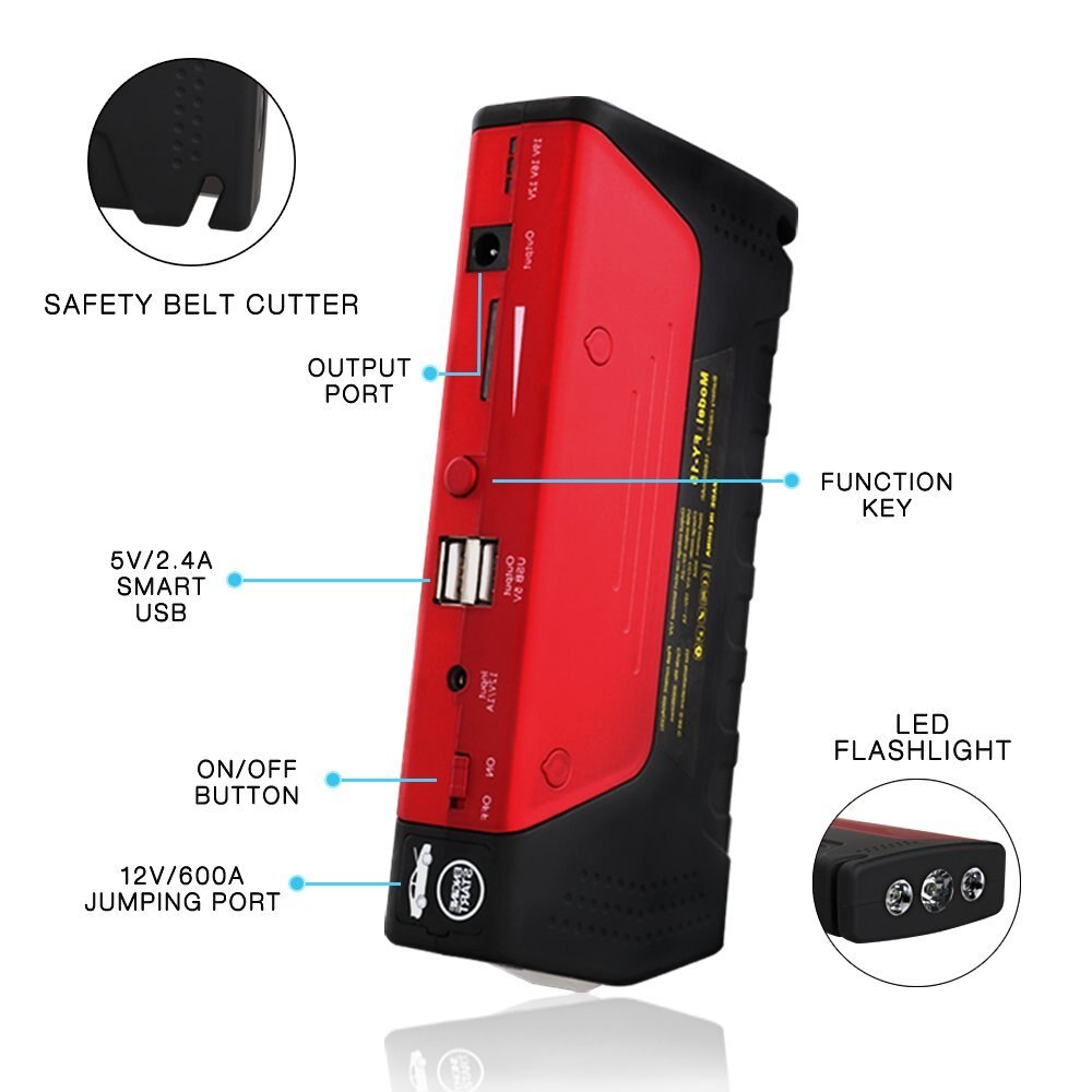12V Auto Battery Booster Portable Phone Charger Power Pack Built-in LED Light and Safety Hammer Charge for Cellphone Laptop