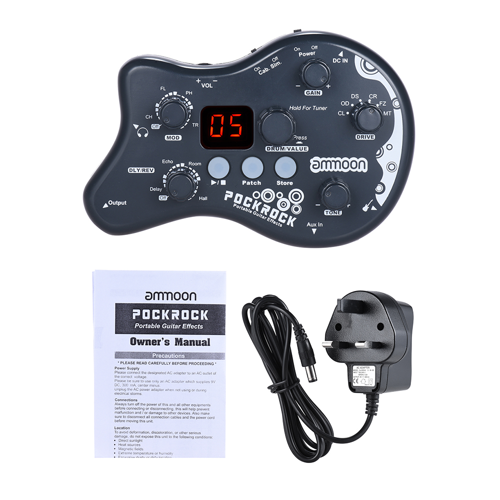 Ammoon PockRock, portátil, para guitarra, con múltiples efectos, procesador, efecto Pedal, 15 tipos de efecto, 40 tipos de batería, función de afinación