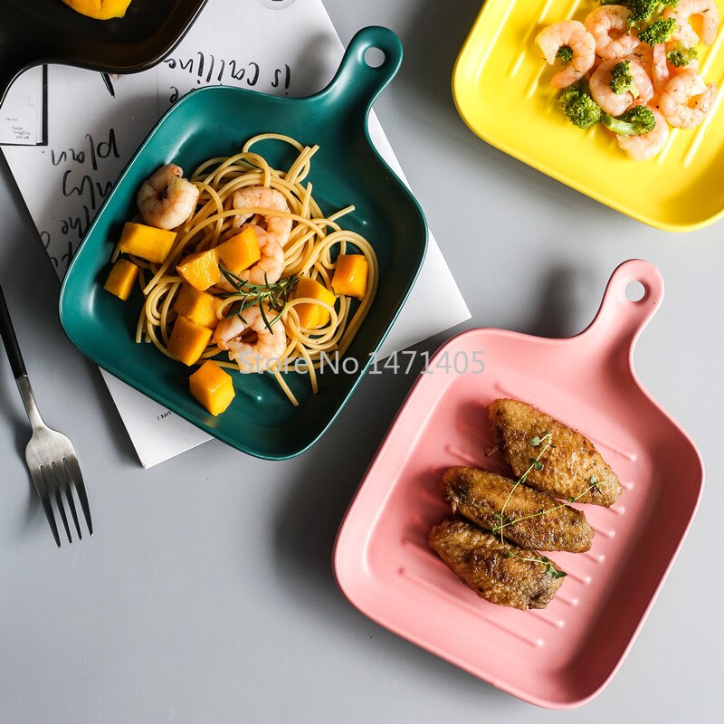 Japanse Stijl Bakvormen Huishoudelijke Keramische Steak Plaat Met Handvat Creatieve Nordic Westerse Servies Oven Schotel Plaat Diner Plaat