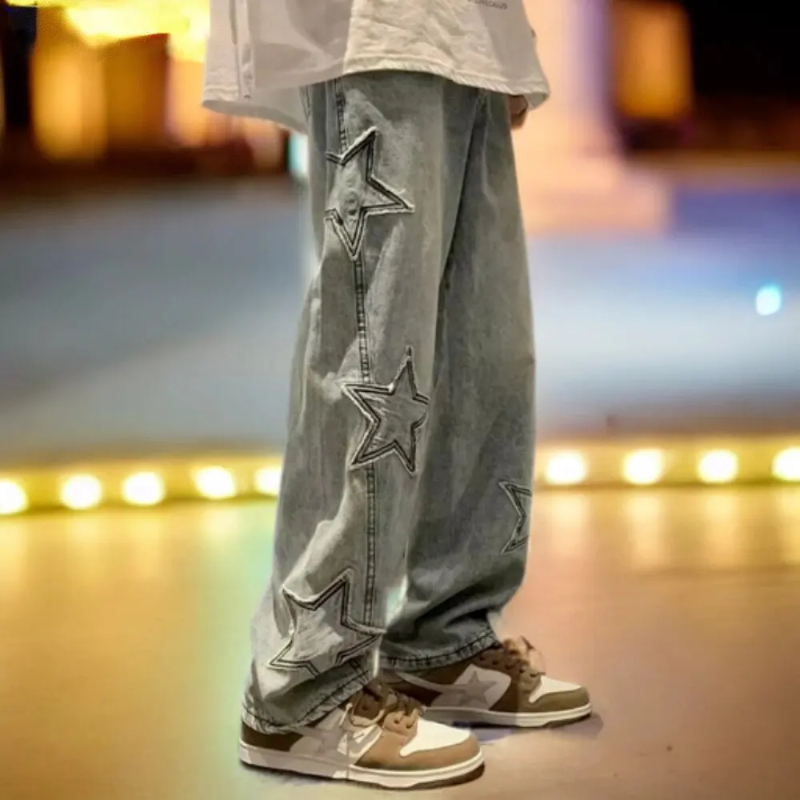 Y2k- stjernet broderi baggy casual jeans til mænd gotisk neutral brede ben lige bukser hiphop ungdom street denimbukser