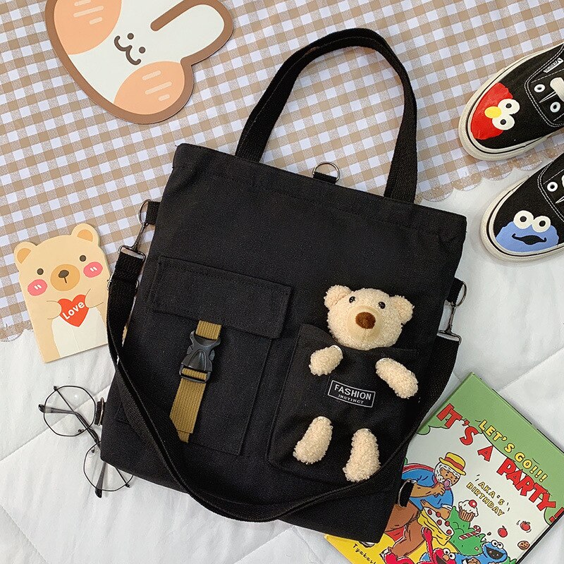 Cute Animal Canvas Bag Backpack Girl Student Single Shoulder Bag Literary Tote Bag: bear1