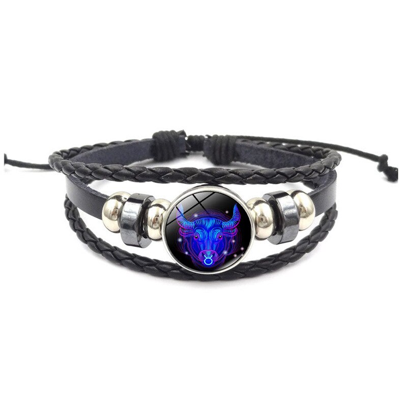 Horóscopo astrología 12 Zodiaco tejido luminoso cuero de vaca cielo estrellado pulsera hombres mujeres Acero inoxidable pulsera joyería: Taurus