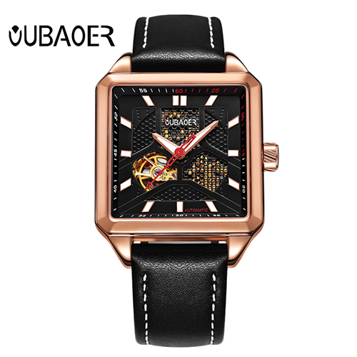 OUBAOER hommes montres mécaniques automatique auto-vent Sport cuir hommes montre-bracelet carré squelette homme mâle heure chaude: Rose Black