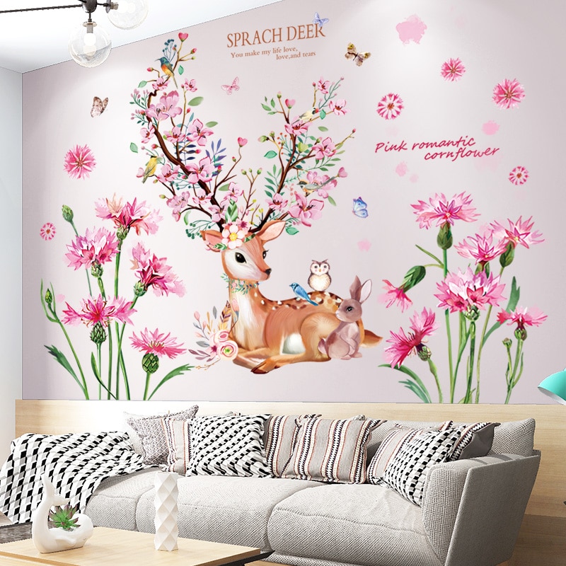 Roze Bloemen Plant Muursticker Diy Herten Dier Muurstickers Voor Woonkamer Kids Slaapkamer Home Decoratie