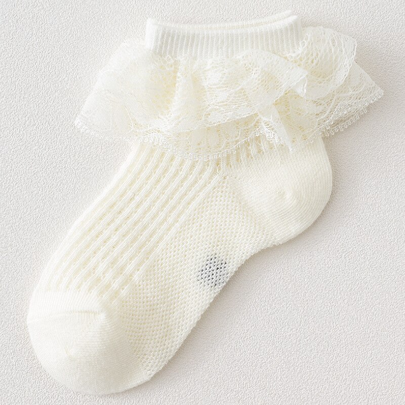 Chaussettes d'été en maille pour bébés filles, de chaussettes courtes en coton respirantes à volants en dentelle à fleurs: Yellow / 4 to 6 Years Old