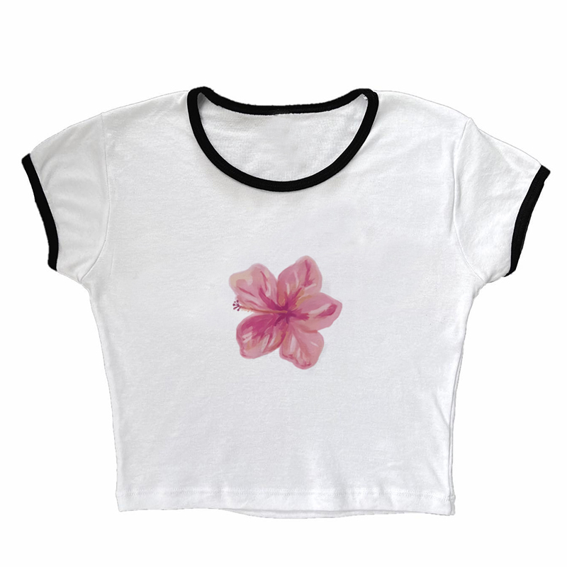 Camiseta gótica retro Harajuku ajustada de manga corta para mujer, ropa de calle, camiseta de bebé con estampado de flores lindas, top corto: M / Oro