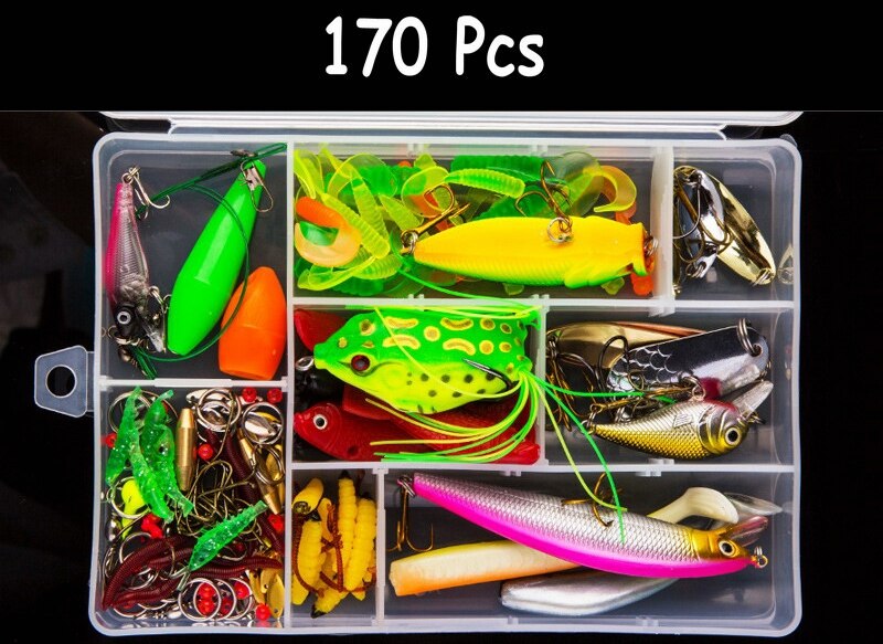 Multi fiskeri lokkesæt spinner crankbait minnow popper vib blød hård ske crank lokkemad fiskekroge tilbehør til redskabsboks: 170 stk-d