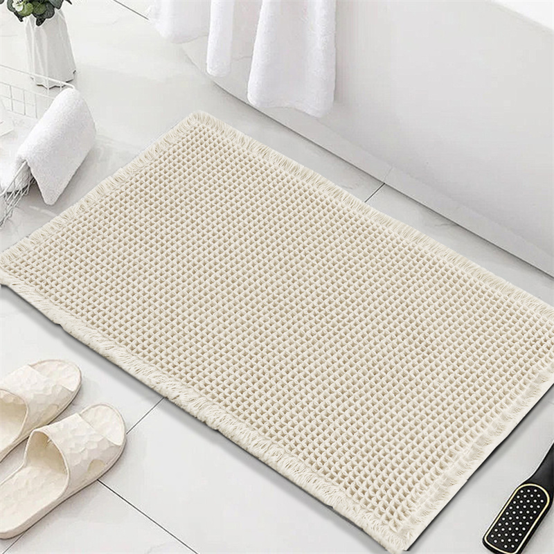Waffle Non-Slip Bath Mat Bathroom Super Absorbent Carpet Non-Slip Shower Rugs with Tassels Bathtub Beside Rug Entrance Doormat
