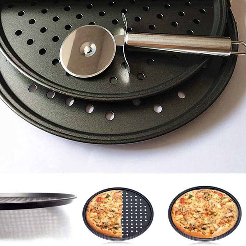 2 Stuks Pizza Pan Met Gaten, geperforeerde Pizza Scherper Lade Non-stick Ronde Pizza Steen Bakken Set Met Cutter Wiel