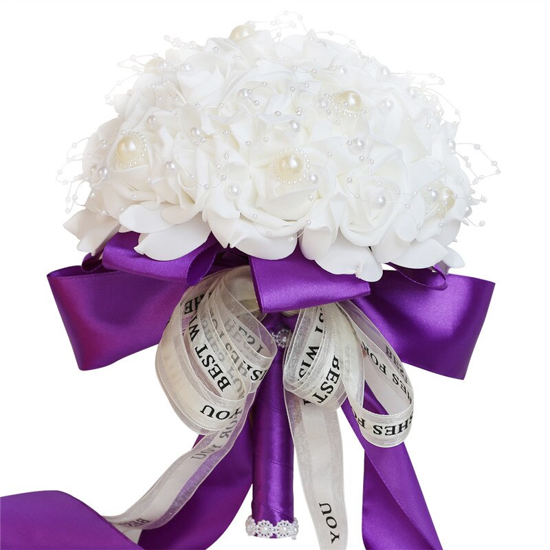 Fleur Rose PE Bouquet demoiselle d'honneur tenant des fleurs mariée ruban De soie Bouquets De Mariage mousse Rose avec perle fête De Mariage W205: white purple