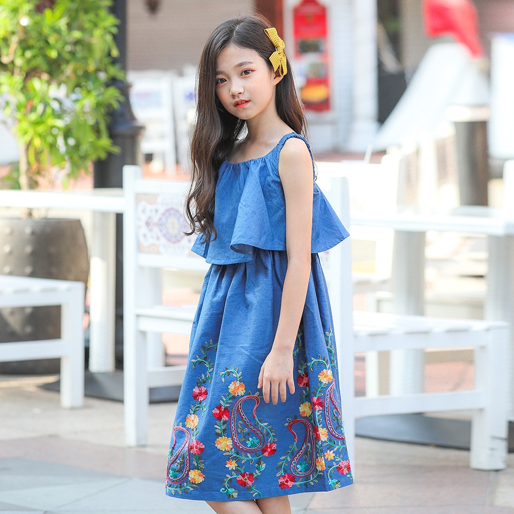 Girls Dress Summer Sleeveless Mother Daughter Dresses Ruffle Children Clothing Jeans Embroidery Kids Dress 10 12 14 16 Years