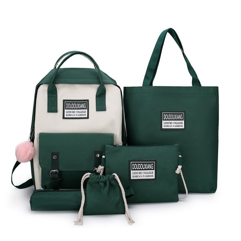 5- delige set canvas damesrugzak schooltas voor tienermeisjes 15.6 laptoprugzakken dames schoudertas mochilas para mujer: Legergroen -5 stuks