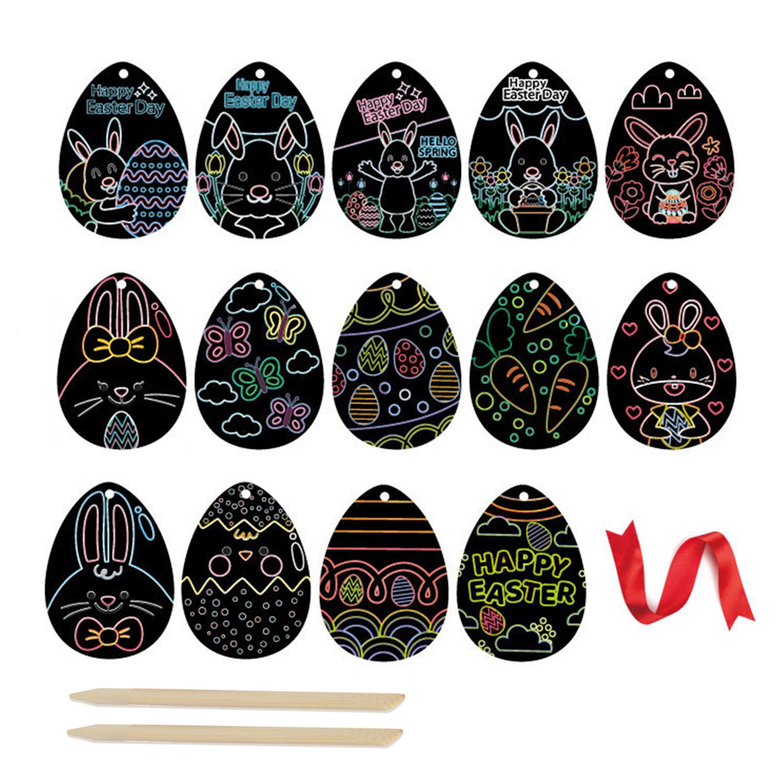 DIY Easter Egg Rainbow Easter Egg Rabbit Chick Scratch Art Ornaments with Ribbons Scratching Pens for Kids Hunt Party: 30pcs