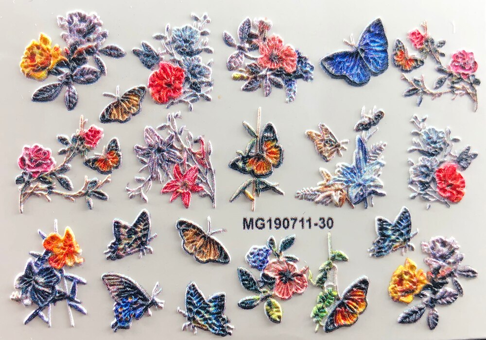 3D Neue Acryl Gravierte Nagel Aufkleber Blau &Ampere; Rosa Blume Schmetterling Wasser Decals Empaistic Nagel Wasser Rutsche Abziehbilder Z0302: 9