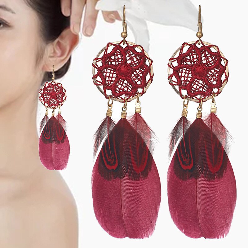 Bohemian Woven Dream Catcher Feather Dangle Earrings for Woman Trendy Boho Long Tassel Earring Wedding Jewelry: E1439-Red