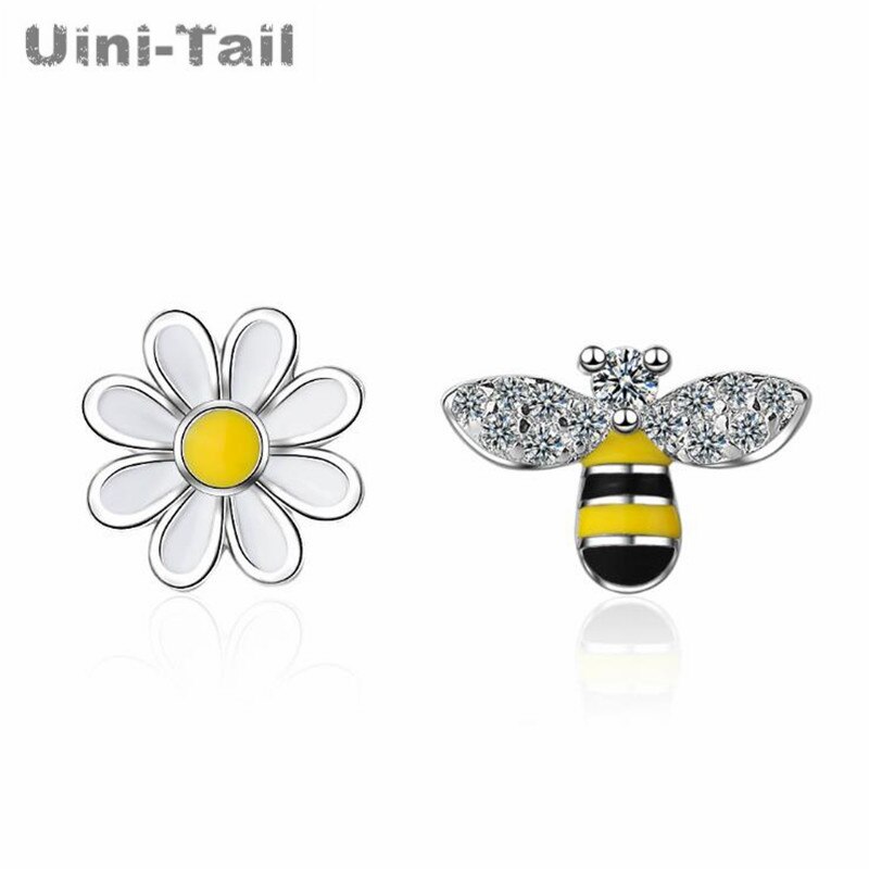 Uini-boucles d'oreilles asymétriques, en argent sterling , fleur du soleil, abeille, bijou coréen frais et charmant, GN776, nouveauté 925