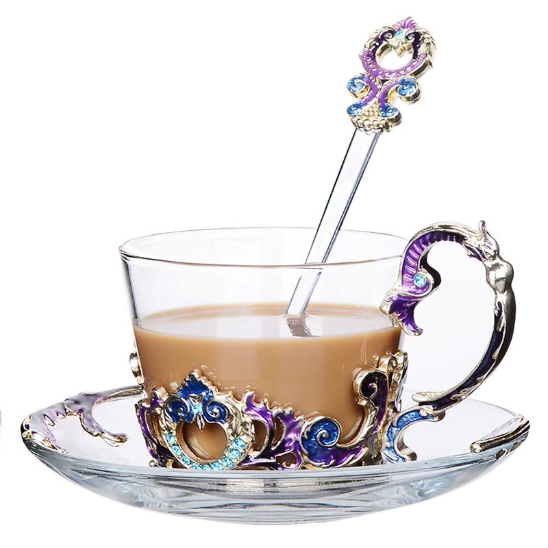 Europese Familie Thee Cups Glas Emaille Duurzaam Elegante Koffie Beker Met Lepel Kristallen Glazen Metalen Bloem Graveren Drinkware