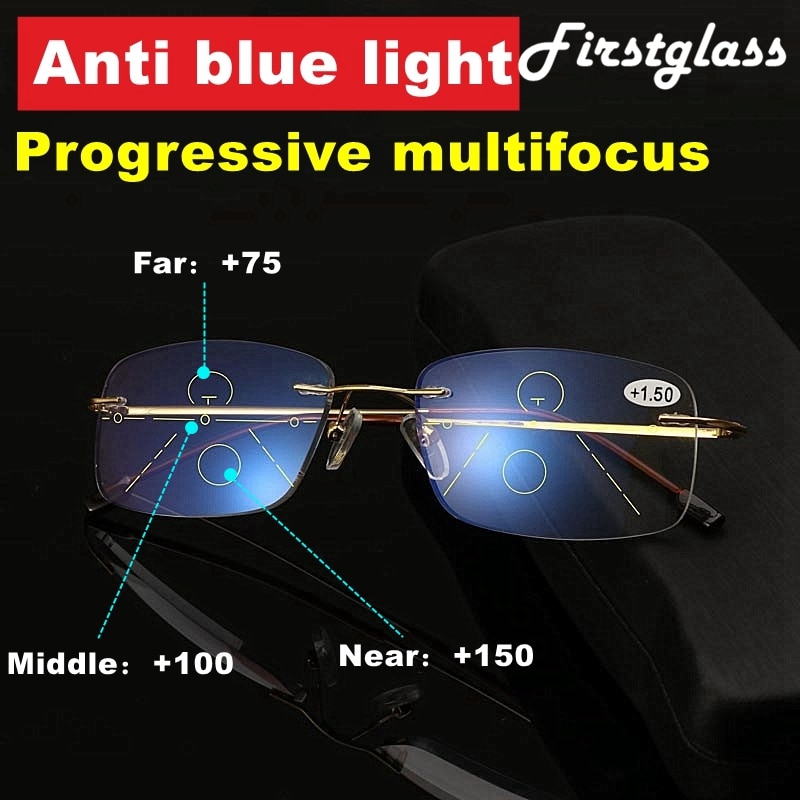Rahmenlose Anti Blau Licht Lesebrille Männer Progressive Multifokale Presbyopie Brille Frauen Randlose Ultra Licht