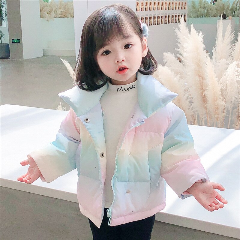 Winter girl's cotton padded coat children's baby rainbow printed cotton padded coat children's high collar coat