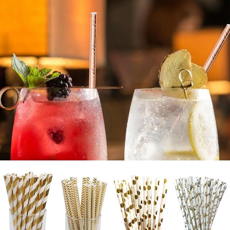 50pcs Gold foil Disposable Paper Straw Christmas Wedding Cartoon Birthday Supplies Party Degradable Juice Drink Straw Kids G2M4